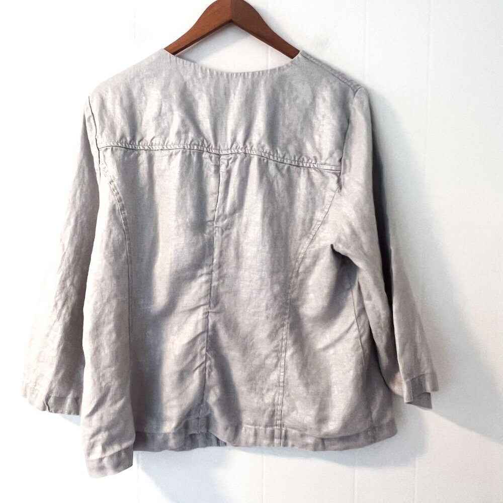 Chicos 100% Linen Foiled Jacket Metallic Silver Gray Neutrals Zip Up Lightweight - Picture 5 of 10